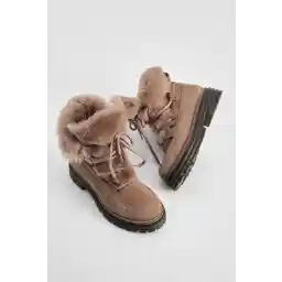 Marjin Kadın Hakiki Deri Kürklü Kar Botu Bağcıklı Postal Bot Akve vizon Süet