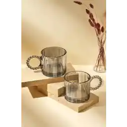 Perotti Ringo Stone Color Füme 2'li 325 ml Cam Kupa Boncuklu Kulp Mug