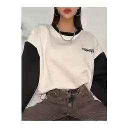 Know Kadın 3 Iplik Beyaz Enough Baskılı Siyah Kol Detay Oversize Sweatshirt