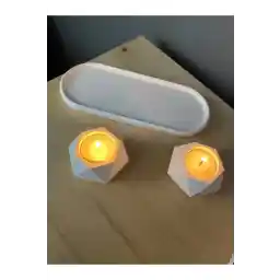 جا شمعی هندسی بتنی، ست هدیه تزئینی با بشقاب بیضی شکل سفید خام