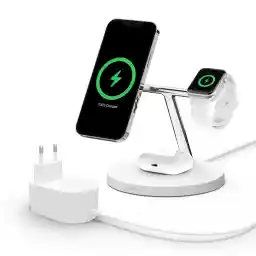 شارژر بی سیم 3 در 1 Belkin WIZ009vfWH MagSafe برای iPhone 13 + Apple Watch + AirPods (شارژر مغناطیسی برای شارژ مدل های آیفون 13 تا 15 وات) - سفید، قابل تنظیم