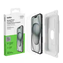 محافظ صفحه نمایش پردازش شده ScreenForce Ultra Glass 2 برای آیفون 15 پلاس، مقاوم در برابر خش، شیشه تست شده تا 9 سختی با طراحی باریک، دارای سینی تراز بدون حباب با کاربری آسان