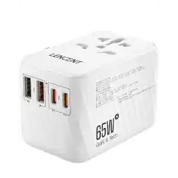 LENCENT Universal Travel Adapter, 65W GaN International Fast Charger with 2 PD3.0 Type C+2 QC4.0 USB A, Worldwide Power Adaptor for Phones,Laptops, All in One Travel Essentials for EU/USA/UK/AU, White