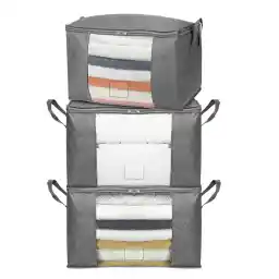 Amazon Basics Foldable Large Zippered Storage Bag Organizer Cubes with Clear Window & Handles, 3-Pack, Gray