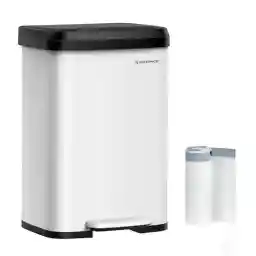 SONGMICS Kitchen Trash Can, 13 Gallon (50 L) Stainless Steel Garbage Can, with Stay-Open Lid and Step-on Pedal, Soft Closure, Tall, Large and Space-Saving, White and Black ULTB530W50