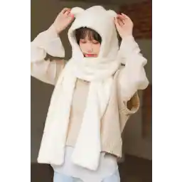 شال یقه پشمی زنانه روسری مخمل دار سفید کلاهدار بوندبا کلاه گوش ضد باد