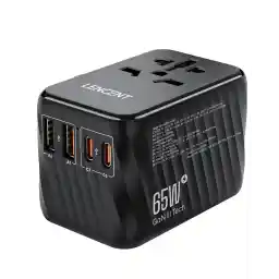 LENCENT Universal Travel Adapter, 65W GaN International Fast Charger with 2 PD3.0 Type C+2 QC4.0 USB A, Worldwide Power Adaptor for Phones,Laptops, All in One Travel Essentials for EU/USA/UK/AU, Black