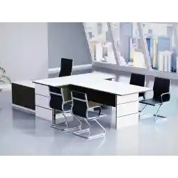 Mahmayi L Shaped Table with Storage Shelves and Cabinet for Desk Sturdy Home Office PC Laptop Workstation Gaming Computer Desk (Premium White/Lava Grey)