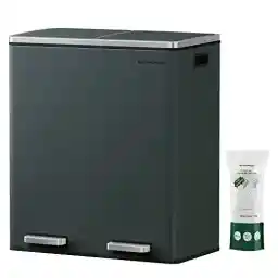 SONGMICS Trash Can, 2 x 8 Gallon (2 x 30 L) Garbage Can for Kitchen, with 15 Trash Bags, 2 Compartments, Plastic Inner Buckets and Hinged Lids, Airtight, Greenish-Gray ULTB60GS02