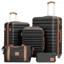 COOLIFE Suitcase Trolley Carry On Hand Cabin Luggage Hard Shell Travel Bag Lightweight Suitcase Included 1pcs Travel Bag and 1pcs Toiletry Bag (Black/Brown, 5 Piece Set)
