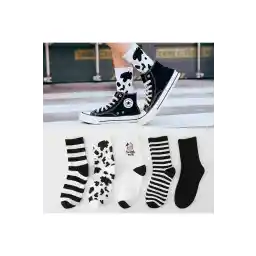 BGK Kadın 5 Çift Siyah Beyaz Inek Desenli Çizgili Tenis Çorabı