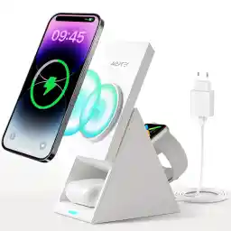 شارژر القایی AGPTEK Mag-Safe 3-in-1 برای آیفون، قابل چرخش، ایستگاه شارژ بی سیم با آداپتور برای iPhone 14/13/12/Pro Max/Plus، Apple Watch8/7/6/SE، AirPods 2/3/Pro
