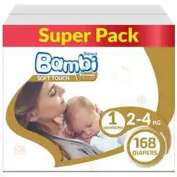 Sanita Bambi Premium Soft Baby Diapers for Newborns, Size 1, 2-4 kg, Skin-Friendly, Wetness Indicator & Umbilical Cord Cut-out for Safety - Super Pack, 168 Count