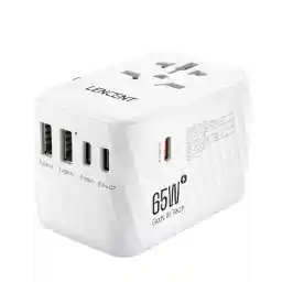 LENCENT International Travel Adapter, 65W GaN3 Universal Fast Charger with 2 USB A + 3 Type C PD, Worldwide Power Adaptor for Phones,Laptops, All in One Travel Essentials for EU/USA/UK/AU, White