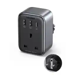 UGREEN 4-in-1 Travel Charger Adapter 30W Accepts Devices with UAE/KSA/UK Plugs for Use in Type C Sockets in European Plug Travel Converter Charger with 3 USB Ports, Type G 3 Pin to Euro C Plug