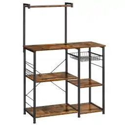 VASAGLE Baker's Rack, Microwave Stand, Kitchen Storage Rack with Wire Basket, 6 Hooks, and Shelves, for Spices, Pots, and Pans, Rustic Brown and Ink Black UKKS35X