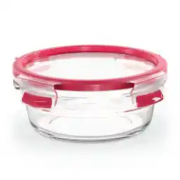 Emsa N10403 Clip & Close ظرف غذای شیشه ای گرد، 0.6 لیتر، قابل روی هم چیدن، ایمن در فریزر، قابل فریزر، ایمن در مایکروویو، انباشته نشدن، 100% محکم، قابل شستشو در ماشین ظرفشویی، شفاف/قرمز