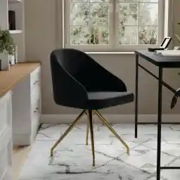 Martha Stewart Sora Stationary Swivel Task Chair with Sloped Arms for Home Office in Black Velvet with Polished Brass Frame