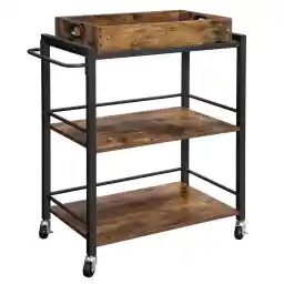 VASAGLE Kitchen Serving Cart with Removable Tray, 3-Tier Kitchen Utility Cart on Wheels with Storage, with Brakes, Leveling Feet, 15.7 x 28.3 x 33.9 Inches, Rustic Brown and Black ULRC72X