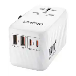 LENCENT Universal Travel Adapter, 100W GaN International Fast Charger with 2 PD3.0 Type C+2 QC USB A, Worldwide Power Adaptor for Phones,Laptops, All in One Travel Essentials for EU/USA/UK/AU, White