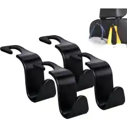 Sulfar Universal Vehicle Backseat Headrest Hanger Storage Organizer, Black Seat Hooks, Car Accessory for Handbags, Purses, Coats, and Grocery Bags, Bottle Holder 4-Pack