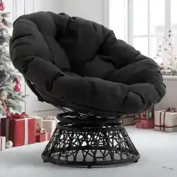 Bme 40" Ergonomic Wicker Papasan Chair with Soft Thick Density Fabric Cushion, High Capacity Steel Frame, 360 Degree Swivel for Living, Bedroom, Reading Room, Lounge, Onyx Stone - Black Base