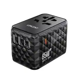 LENCENT 65W Universal Travel Adapter, GaN Travel Charger with 2 USB-A & 3 USB-C, International Travel Plug Outlet Adapter for UK/EU/US/AUS, Fast Charging for Laptops,Tablets,Phones, Black