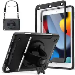 JETech Case for iPad 10.2-Inch (9th/8th/7th Generation, 2021/2020/2019) with Built-in Screen Protector, Protective Shockproof Rugged Tablet Cover, 360° Rotating Hand Strap Stand (Black)