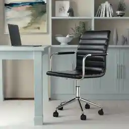 Martha Stewart Taytum Swivel Task Chair with Armrests for Home Office in Black Faux Leather with Polished Nickel Frame