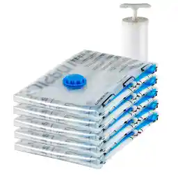 Amazon Basics Vacuum Compression Zipper Storage Bags with Airtight Valve and Hand Pump, Medium, 5-Pack, Clear
