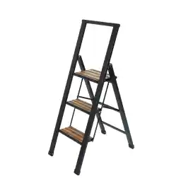 WENKO, 3 Step Folding Step Ladder, Aluminium, Heavy Duty Portable, Non-Slip Extra Wide Rubber Steps, 44x127x5.5 cm, Black