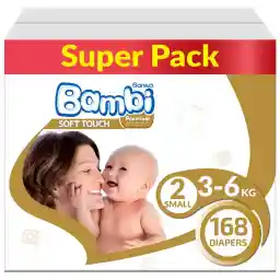 Sanita Bambi Premium Small Soft Baby Diapers, Size 2, 3-6 kg, Skin-Friendly, Wetness Indicator & Umbilical Cord Cut-out for Baby’s Safety - Super pack, 168 Count