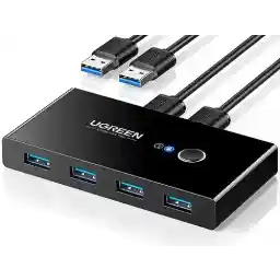 UGREEN USB KVM Switch Selector USB 2.0 Splitter 2 Computers Sharing 4 USB Devices 2 In 4 Out Switcher Box Hub for Mouse, Keyboard, Scanner, Printer, One-Button Switch, 2 Pack USB A to A Cable 1.5M