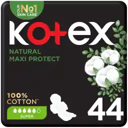 Kotex Natural Maxi Protect Thick Pads, 100% Cotton Pad, Super Size with Wings, 44 Sanitary Pads
