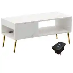 Mahmayi Modern Coffee Table with BS02 USB Port and Side Compartment Storage Shelf for Living Room, Study Room and - White Levanto Marble