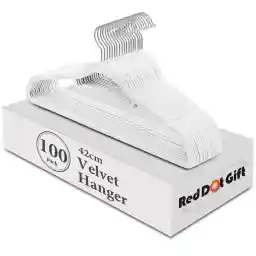 Red Dot Gift® 100-Pack White Non-Slip Velvet Hangers 42cm With 360 Degree Rotatable Hook - Durable & Slim - Non Slip Hangers for Coat Hangers - Pant Hangers…(White, 100 pack)