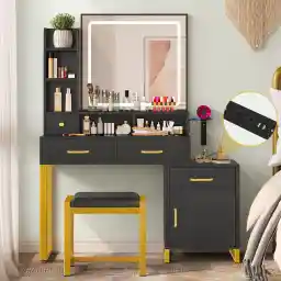 DWVO 43" Makeup Vanity with Lights,Vanity Desk with Power Strip, Large Vanity Desk with Storage Shelves, 3 Lighting Colors, Black