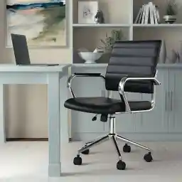 Martha Stewart Piper Swivel Task Chair with Armrests for Home Office in Black Faux Leather with Polished Nickel Frame