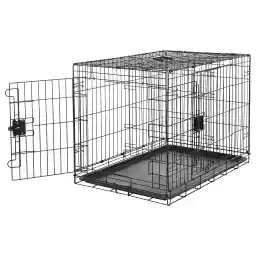 Amazon Basics Large Metal Dog Crate/Cage with Tray, Durable and Foldable Dog Cage with Double Door, Black, Large 91cm (36")