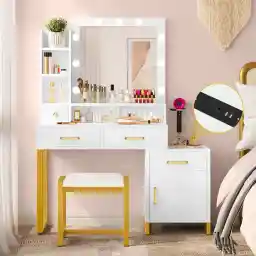 DWVO 41.2inch Vanity Desk with Mirror and Lights, Makeup Vanity with Lights and Drawers, Vanity Mirror with Lights and Table Set, 3 Color Adjustable Lighting Brightness & Power Outlet, White