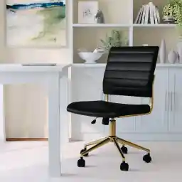 Martha Stewart Ivy Armless Swivel Task Chair for Home Office in Black Faux Leather with Polished Brass Frame