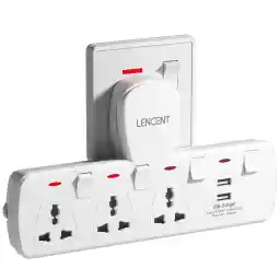 LENCENT Multi Plug Extension Socket with USB, 3 Way Electrical Outlet Extender with 2 USB, Wall Charger, Universal Plug Adapter, Charging Station for Home, Office, Kitchen, Individually Switched