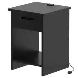 Mahmayi Modern Night Stand Table, Side Table with Attached BS02 Desktop Socket USB A/C Port Single Drawer Storage and Open Storage Shelves, Side Table For Living Room, Bedroom - Black