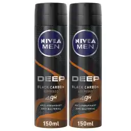 NIVEA MEN Antiperspirant Spray for Men, 72h Protection, DEEP Black Carbon Antibacterial, Espresso Scent, 2x150ml