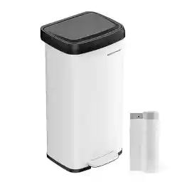 SONGMICS Kitchen Trash Can, 18-Gallon Stainless Steel Garbage Can, with Stay-Open Lid and Step-on Pedal, Soft Closure, Tall, Large and Space-Saving, White and Black ULTB520W68