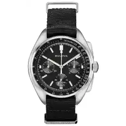 Bulova Men's Archive Series Lunar Pilot 6-Hand Chronograph High Performance Quartz Stainless Steel, Black NATO Strap and Sapphire Crystal Style: 96A225