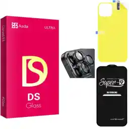 محافظ صفحه نمایش شیشه ای آسدا مدل DS Super-D مناسب برای گوشی موبایل اپل iPhone 14 pro به همراه محافظ پشت گوشی و لنز دوربین