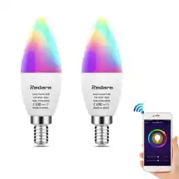Redare Alexa E14 Smart Candle Bulbs,لمبة ذكية,C37 Dimmable WiFi Smart Bulbs,500Lm,5W Replace 60 Watt,White+RGBCW Colour Changing LED RGB Light Bulb Work with alexa,Google Home(AC85~265V 2 Pack)