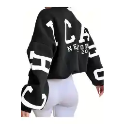 Know Kadın 3 Iplik Siyah Kolları Chicago Baskılı Oversize Bisiklet Yaka Sweatshirt