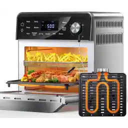 Nuwave Smart Air Fryer Oven with POWERPORT™ Plug-In Grill for Dual-Zone Efficient Cook, 100 in 1 Advanced Convection Toaster Oven Countertop w/Insulated 2-Glass Door, 550°F Preheat, Stainless Steel